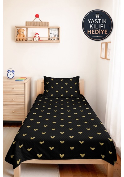Siyah Kalpler Minimal Genç Odası Tek Kişilik Pike Takımı - Altın 160x220 Cm Kapitone Yatak Örtüsü Siyah