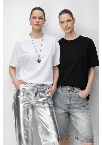 Mixray 48522 Kadın Yırtmaçlı Oversize Basic %100 Pamuk 2 Li T-shirt Beyaz Siyah Siyah - Beyaz