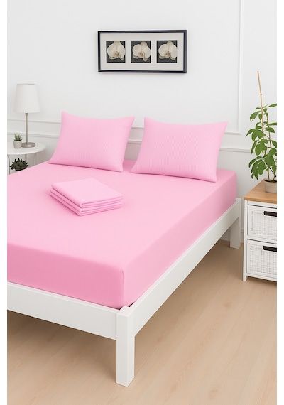 Mirava Premium %100 Pamuk Penye Lastikli Tek Kişilik Çarşaf Takımı 1 Yastık Kılıfı Dahil Pembe 100x200cm Pembe