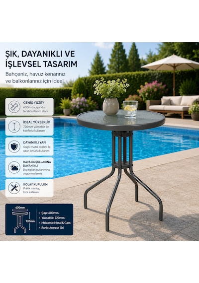 Yuvarlak Bahçe Balkon Masası 60 Cm Çap Buzlu Tamperli Cam