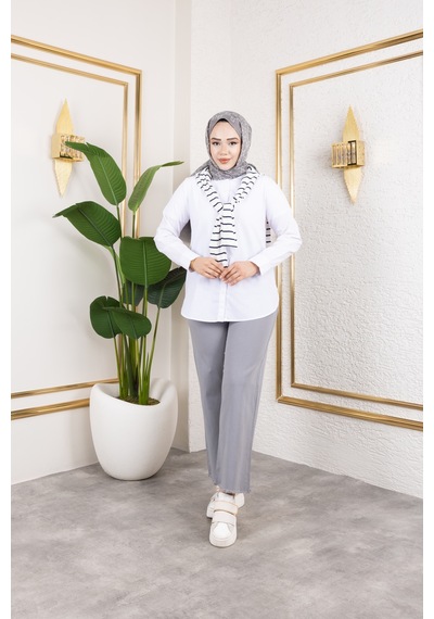 Nevayla Moda Beli Lastikli Keten Pantolon - Gri / A0104 Gri