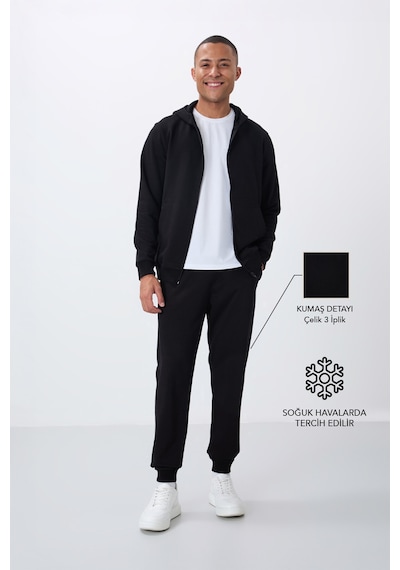 Tommy Life Siyah Kompakt Pamuklu Kalın Pürüzsüz Dokulu Kapüşonlu Comfort Fit Erkek Eşofman Takım - 85262 Siyah