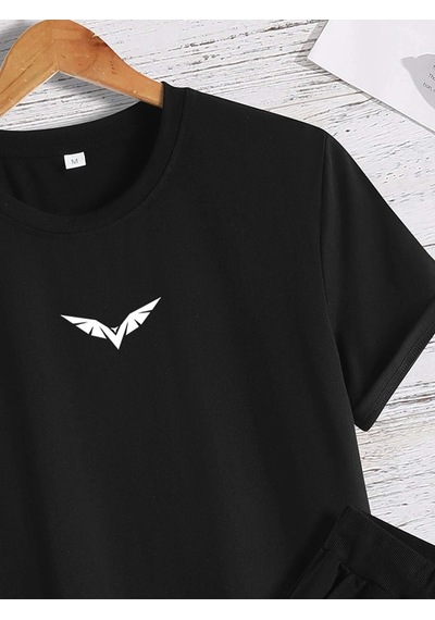 Unisex Oversize Kanat Baskılı Beyaz Bisiklet Yaka Siyah T-shirt Siyah Şort Siyah