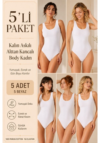 Loule Kadın 5'li %95 Pamuklu Geniş Askılı Alttan Kancalı Body Beyaz