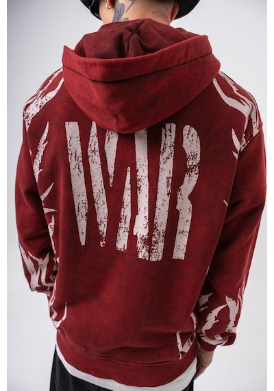 Respire Erkek War Baskılı Yıkamalı Kapüşonlu Oversize Hoodie Bordo