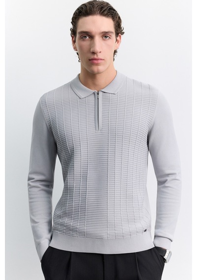 Avva Erkek Gri Polo Yaka Fermuarlı Rayon Karışımlı Regular Fit Kazak A62y5022