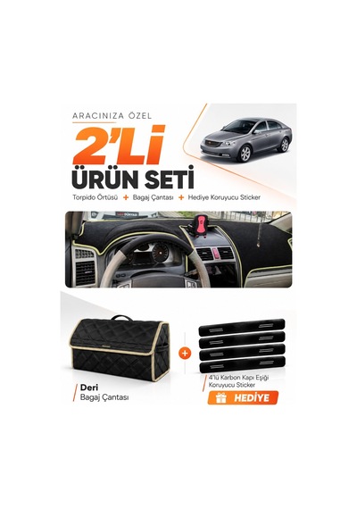 Geely Emgrand Ec7 2009-2014 Uyumlu Torpido Örtüsü + Deri Bagaj Çantası + Sticker Seti - Siyah Bej