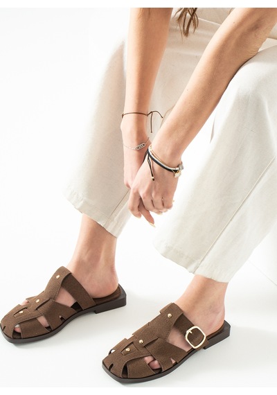 Duxal Shoes Fabian Kadın Camel Süet Kafesli Sandalet Terlik Toka Detaylı Acıkahve