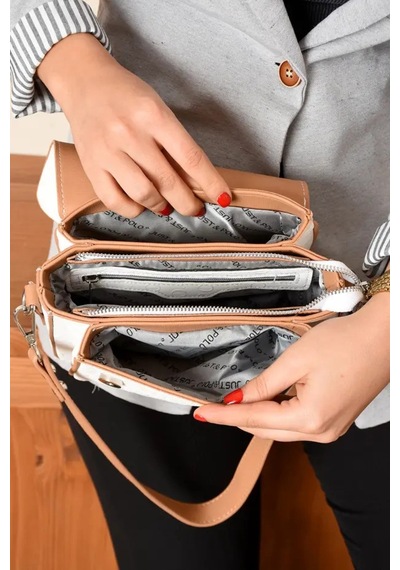 Just Polo Kadın Su Geçirmez Ayarlanabilir Askılı Lüks El & Omuz Çantası Shoulder Bag Ebat: 25 X 15 Cm Beyaz - Taba