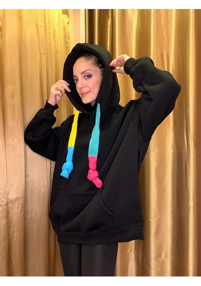 Ali Butik Renkli Kordon Detaylı Siyah Sweatshirt Siyah