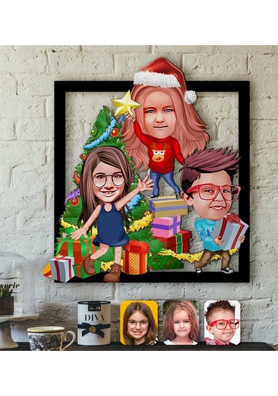 Kişiye Özel Yeni Yıl 3 Kardeş Karikatürlü 3D Ahşap Tablo-1