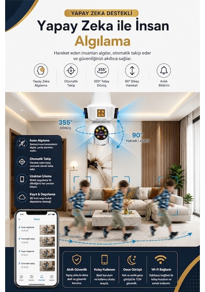 3 Kameralı Duy İle Çalışan 360 Dönebilir Geniş Açı Hareketi Bildiren Ampul Kamera