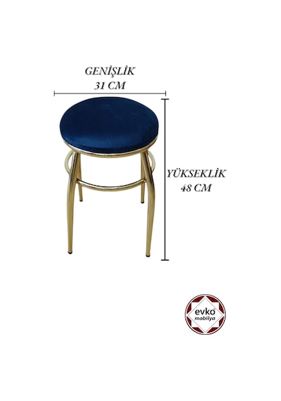 Evko Mobilya Tabure, Bar Taburesi, 2'li Tabure, Gold Ayaklı- Mavi