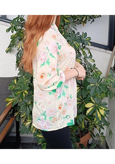 Kadın Kaçık Yaka Çiçekli/çiçek Desenli Poplin Bluz/gömlek 2276 Krem