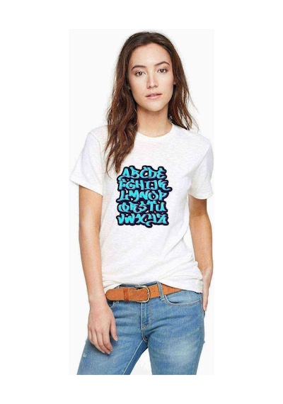 Graffiti Letter Tag Baskılı Beyaz Kadın Tshirt