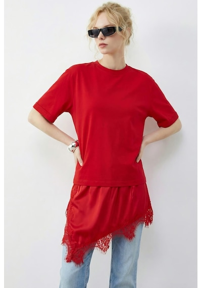 Shade Kadın Asimetrik Dantelli Etek Uclu Oversize T-shirt 8716 60283956 - Kırmızı