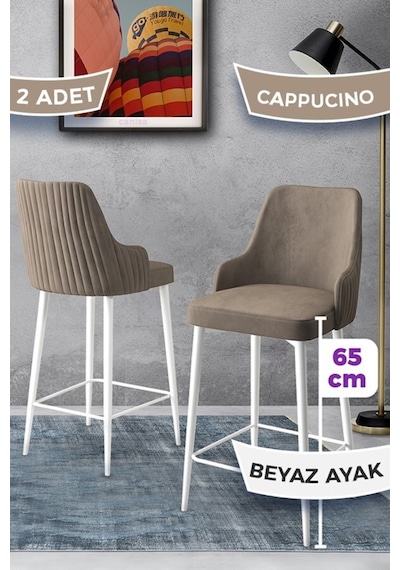 Canisa Tera Serisi 2 Cappucino Sandalye 65 Cm Ada Mutfak Bar Sandalyesi Babyface Kumaş Beyaz Metal Ayaklı Sandalyeler Cappucino Ayaklar Beyaz