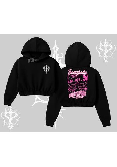 Startmore Born To Be A Star Yazılı Sevimli Kedi Arka Baskılı Kapşonlu Crop Sweatshirt Siyah