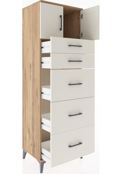 Hyperion Dolap Tek Raflı 5 Çekmeceli 2 Kapaklı 60x44x182 Çam-... Çam