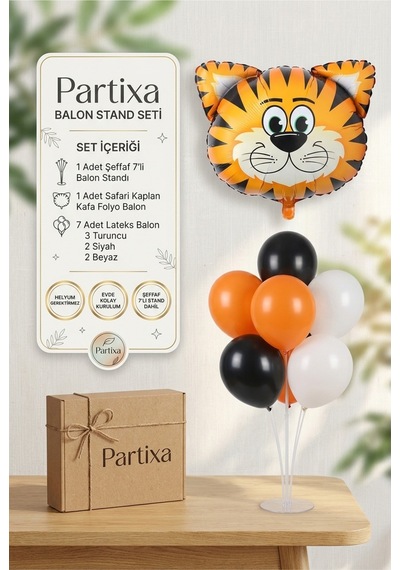 Safari Kaplan Kafa Balon Stand Seti Şeffaf 7 Li Stand + Safari Kaplan Folyo Balon + 7 Lateks Balon