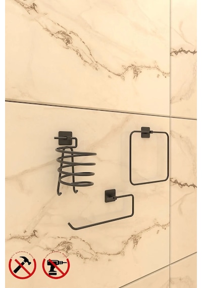 Yapışkanlı Kare Havluluk Kare Fön Ve Kare Rulo Havluluk Banyo Aksesuar Seti Siyah