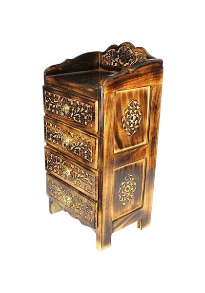 Ahşap Oymalı Komodin 32x24x60 Cm. 4 Çekmeceli Eskitme Siyah