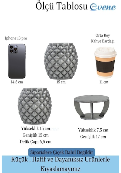 Ahşap Ayaklı Beton Saksı Büyük Boy 1 Adet Ananas Model - Gümüş Eskitme