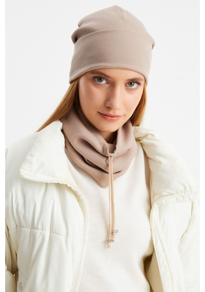 Butikgiz Kadın Balıkçı Style Pamuklu Kaşkorse Terletmez Ultra Hafif Yumuşak Bere Boyunluk Takım Sütlü Kahve