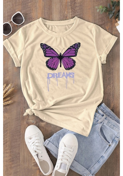 Unisex Dream Butterfly Tasarım Tshirt Bej