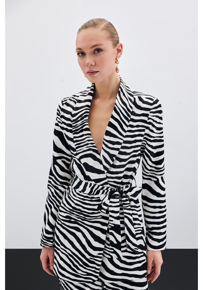 Sateen Kuşaklı Zebra Ceket - Siyah-135434 Siyah
