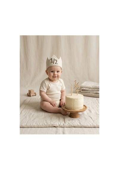 1/2 Half Birthday - Yarım Yaş Nakışlı Bebek Tacı - Half Birthday Tacı - Kahve/krem +0