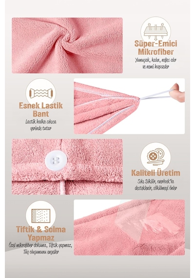 2 Adet Mikrofiber Saç Havlusu Lastikli Plaj Deniz Havuz Bonesi Banyo Saç Kurutma Baş Havlusu Pembe Pembe
