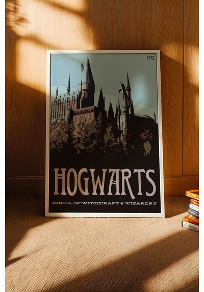 Hogwarts Okulu Minimalist Çerçeveli Tablo - Lüks Harry Potter İllüstrasyon Modern Duvar Dekoru Beyaz