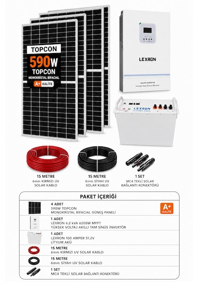 Lexron 6.2 Kva 6200w Mppt + 51.2v 100ah Lityum Akü + 4x590w Güneş Paneli Solar Enerji Paketi