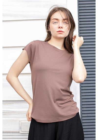 Kadın İpeksi Kumaş Geniş Sıfır Yaka Kısa Kol Tshirt Bluz-kahve Kahve
