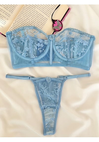 Arinda Candice Mavi Çiçek Desenli Brode İşlemeli Tek Renk Balenli Kapsız Askıları Çıkarılabilir Bralette Sütyen Tanga Alt Üst İç Çamaşırı Takımı 2 Parça Arinda Candice Mavi Çiçek Desenli Brode İşlemeli Tek Renk Balenli Kapsız Askıları Çıkarılabilir Bralette Sütyen Tanga Alt Üst İç Çamaşırı Takımı 2 Parça