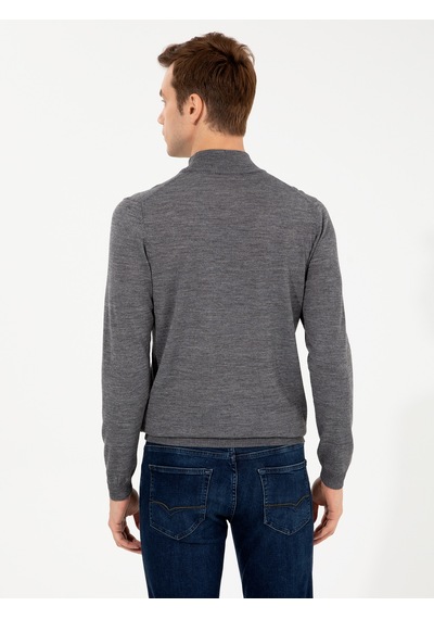 Cacharel Füme Slim Fit Yarım Balıkçı Basic Triko Kazak Gri
