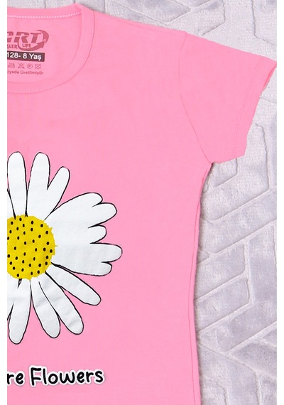Hçm Kız Çocuk Tshirt Papatya Baskılı Bisiklet Yaka D26 Pembe