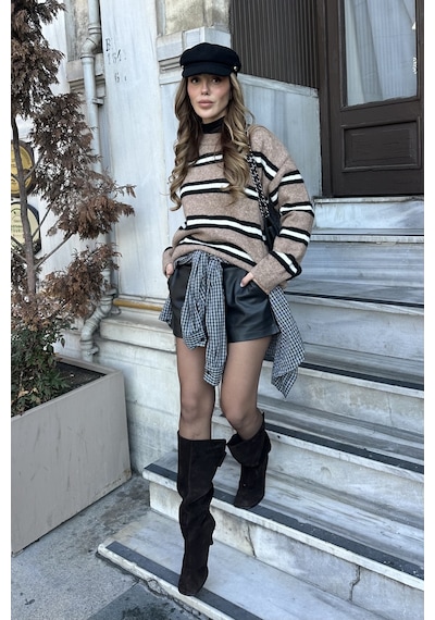 Laluvia Kahverengi Renkli Çizgili Oversize Triko Kazak - 2516 Kahverengi