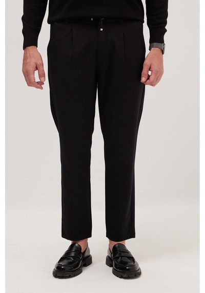 Tudors Erkek Slim Fit Dar Kesim Lastikli Bağcık Detaylı Siyah Pantolon-38236 Siyah