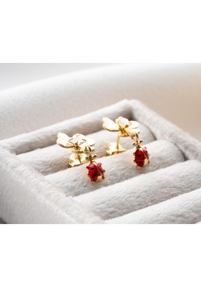 925 Ayar Uğur Böcekli Yonca Küpe.rose.gold.rodaj Gümüş
