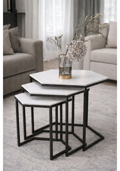 Usta Altıgen Siyah Metal Mdf Tablalı 3lü Zigon Sehpa Beyaz