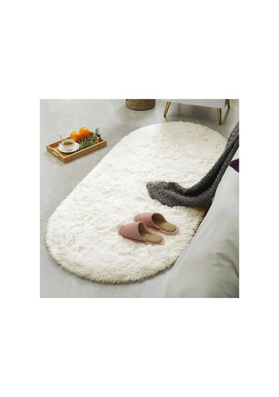Krem Oval Post Halı Kesme Yolluk Peluş Yumuşak Kaymaz Dot Taban