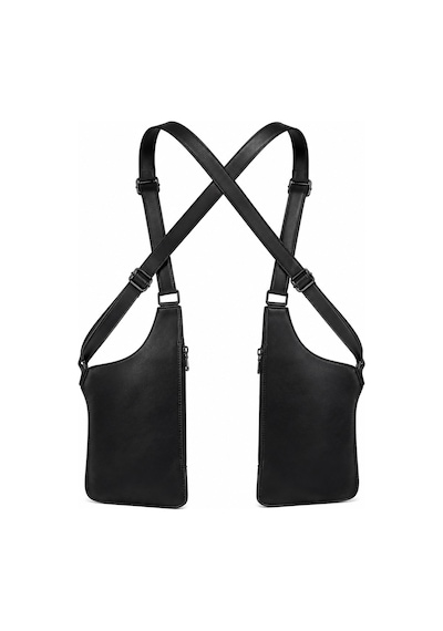 Newish Polo Newishpolo Erkek Siyah Vegan Deri Çapraz Askılı Çok Cepli Harness Göğüs Çantası - New424
