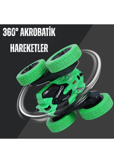 Oyuncak Uzaktan Kumandalı 4 Teker Akrobat Araba 360 Rotasyon Şarjlı Led Işıklı Yeşil