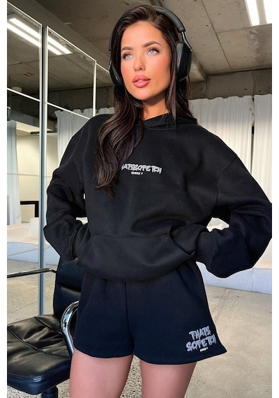 Thatsofetch Series 7 Sweatshirt - Siyah Baskılı Oversize Kapüşonlu Siyah