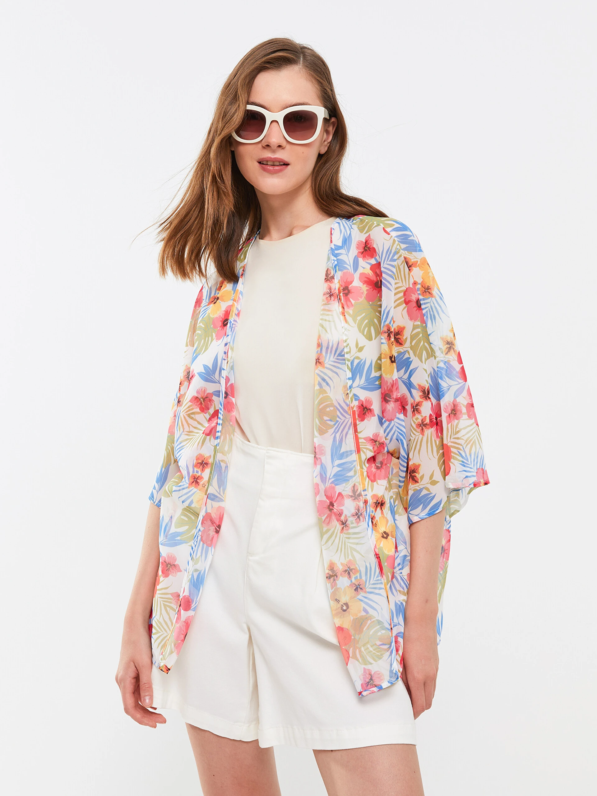 LC Waikiki Lcw Eco Ekru Şal Yaka Desenli Kadın Kimono