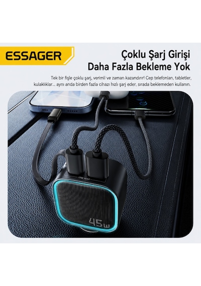 Essager 45w Hızlı Şarj Araç Şarj Cihazı Type C 75cm Çekilebilir Kablo Usb-c Usb-a 3'lü Çıkış 12v/24v