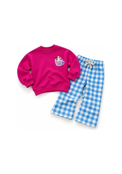 Hot Choc Baskılı Fuşya Sweatshirt Mavi Pötikare Eşofman Alt Üst Takım Süper Kalite Pembe
