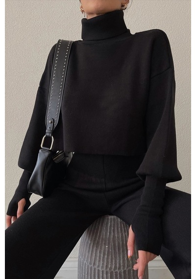 Cıqulata Triko Crop Pantolon Takım Siyah Siyah